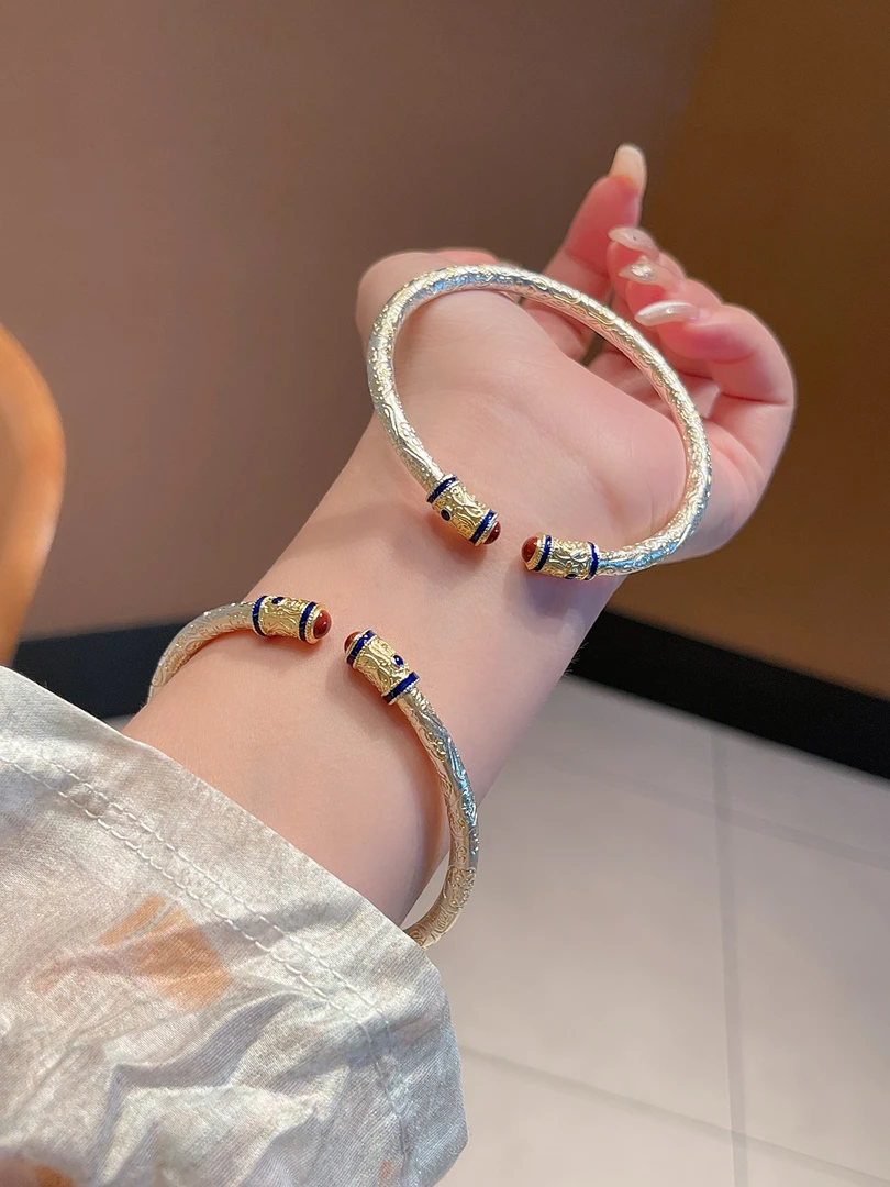 足银珐琅手镯 999.9珐琅描金吉言招财猫时尚国风足银手镯送女友