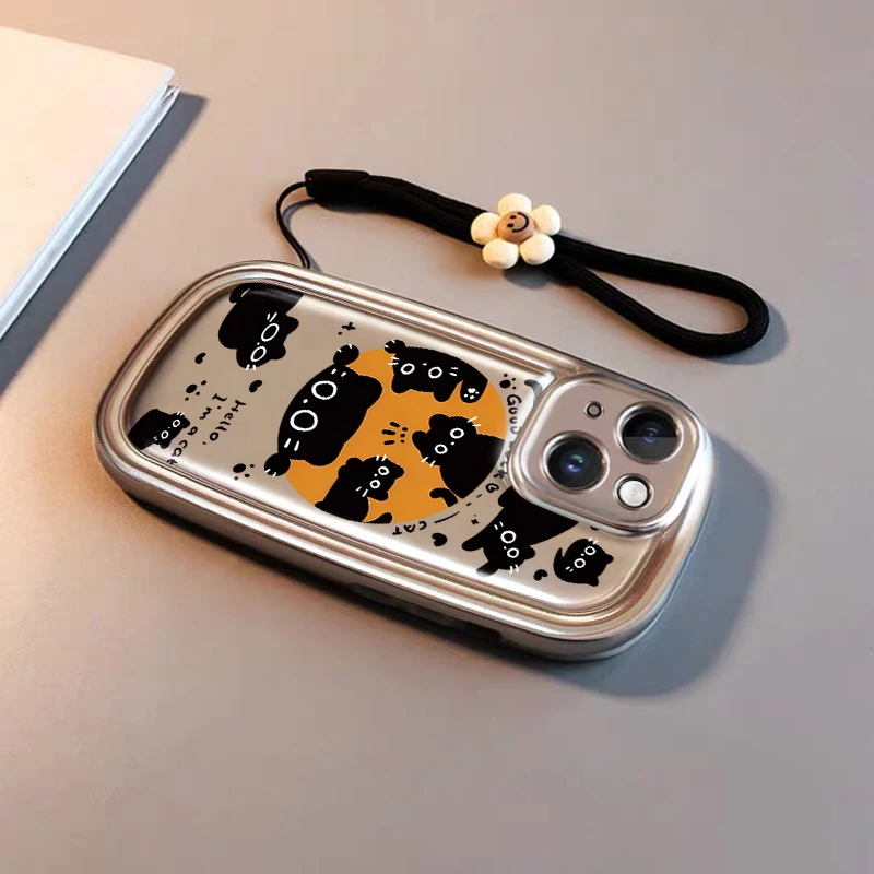 卡通黑猫苹果15华为OPPO小米vivo肥皂银壳iPhone14promax手机壳女