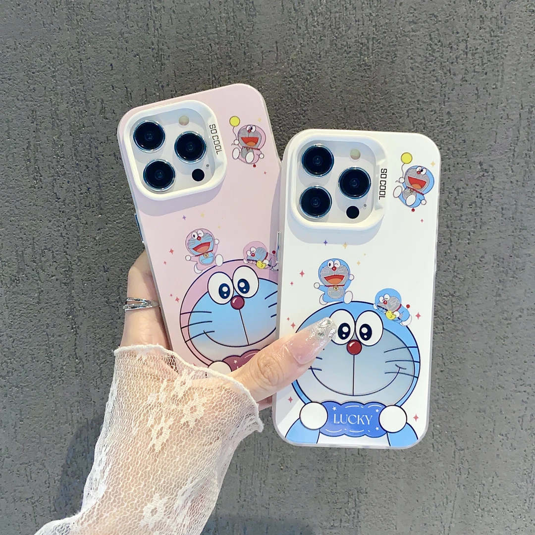 可爱叮当猫适用于苹果/华为/荣耀/OPPO/vivo磨砂彩银防指纹手机壳