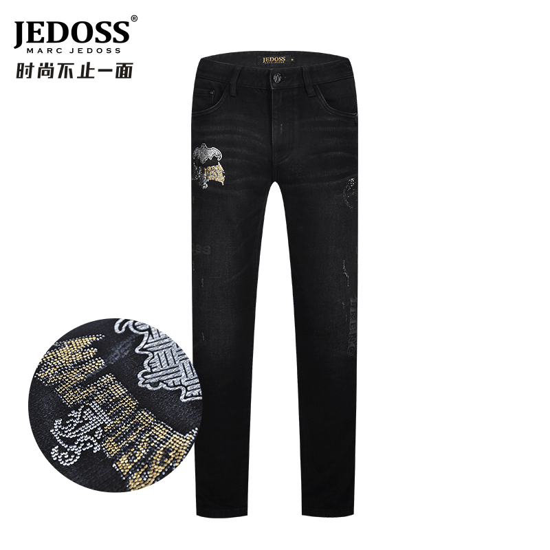 JEDOSS/爵迪斯男装2022秋冬专柜新款黑色烫钻修身牛仔裤长裤YL125