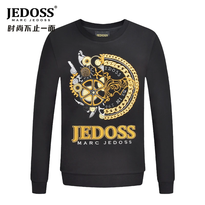 JEDOSS/爵迪斯男装秋冬加绒logo金线刺绣圆领套头印花卫衣潮长袖