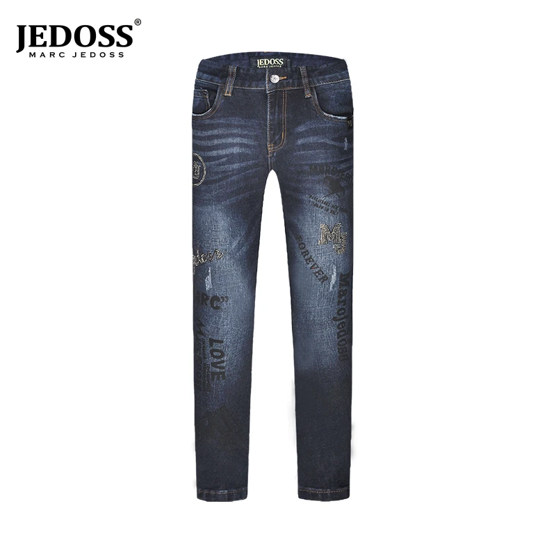 JEDOSS/爵迪斯专柜男装水洗直筒烫钻印花牛仔裤经典休闲日常
