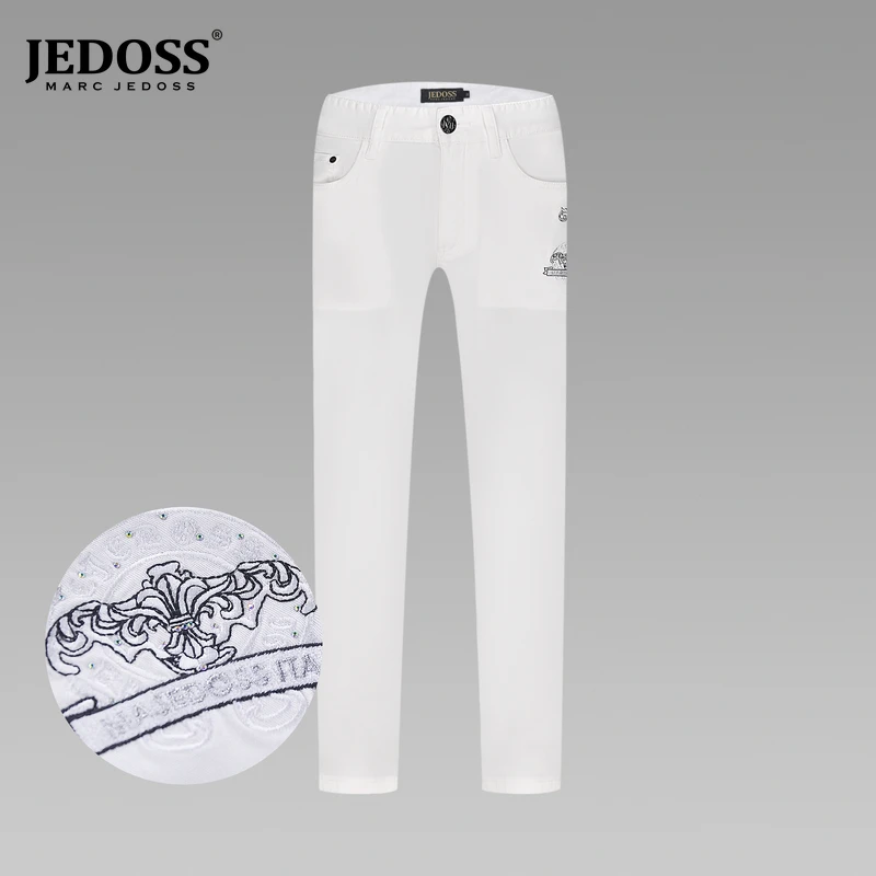 JEDOSS/爵迪斯修身男款夏季新款简约白色刺绣牛仔裤长裤BC019