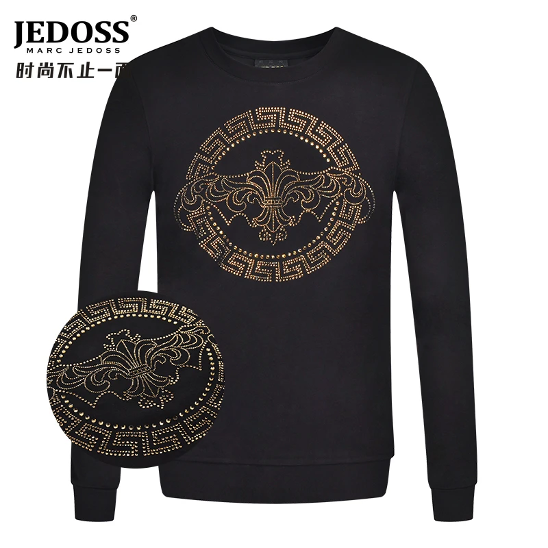 JEDOSS/爵迪斯百搭春秋新款经典胸前大LOGO烫钻无帽加绒HM387卫衣