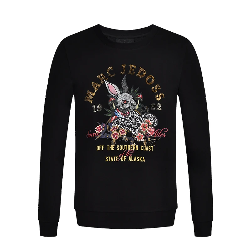 JEDOSS/爵迪斯男装祥瑞兔印花修身宽松青年圆领春秋无帽卫衣630