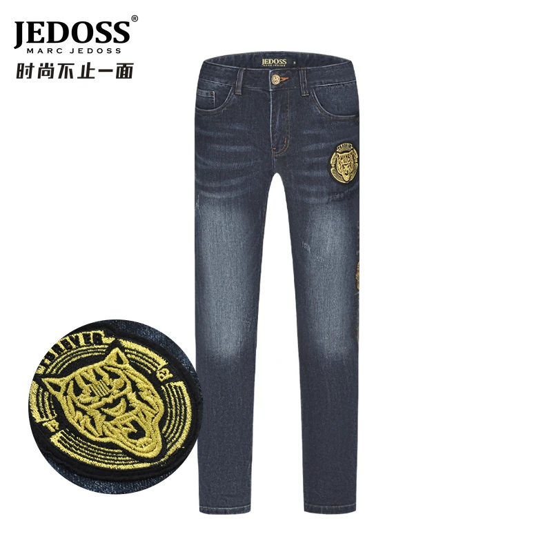 JEDOSS/爵迪斯款男士刺绣章仔直筒商务牛仔裤轻奢日常
