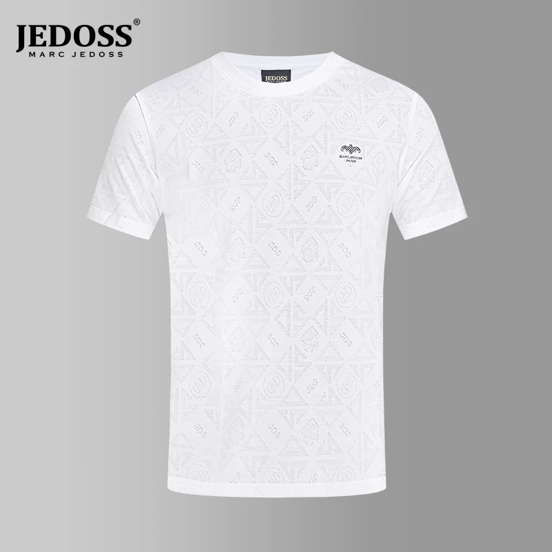 JEDOSS/爵迪斯白色夏款透气玻璃纱刺绣修身潮流短袖半袖休闲印花