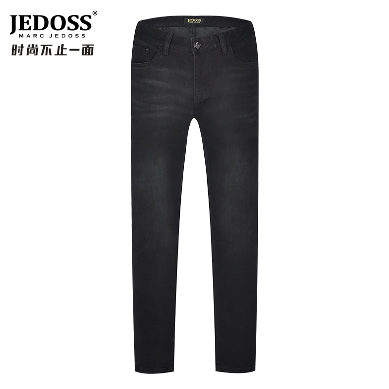 JEDOSS/爵迪斯男装2023秋冬男牛仔裤子黑色简约立体字母暗印男士
