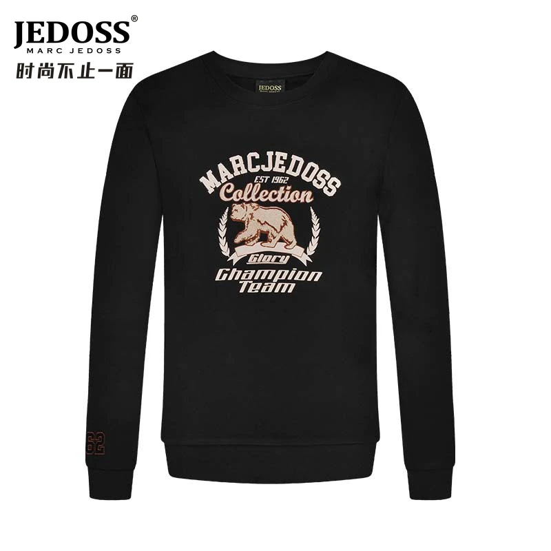 JEDOSS/爵迪斯男装秋冬时尚轻奢字母麦穗小熊无帽套头卫衣055