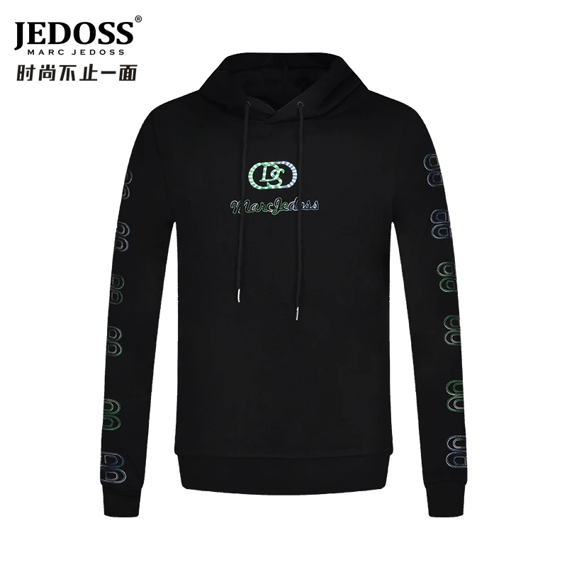 JEDOSS/爵迪斯男装秋季加绒男上衣炫彩刺绣连帽套头厚带帽棉卫衣