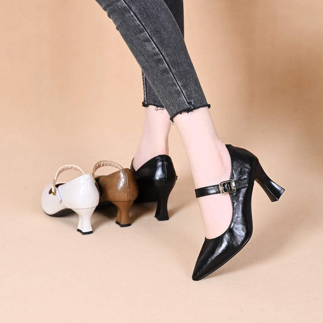 尖头高跟鞋女2024春夏季新款一字带粗跟气质单鞋工作鞋职业通勤女