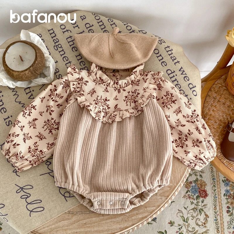 巴梵欧婴儿衣服春秋女宝宝哈衣灯芯绒拼接长袖包屁衣时髦洋气新款