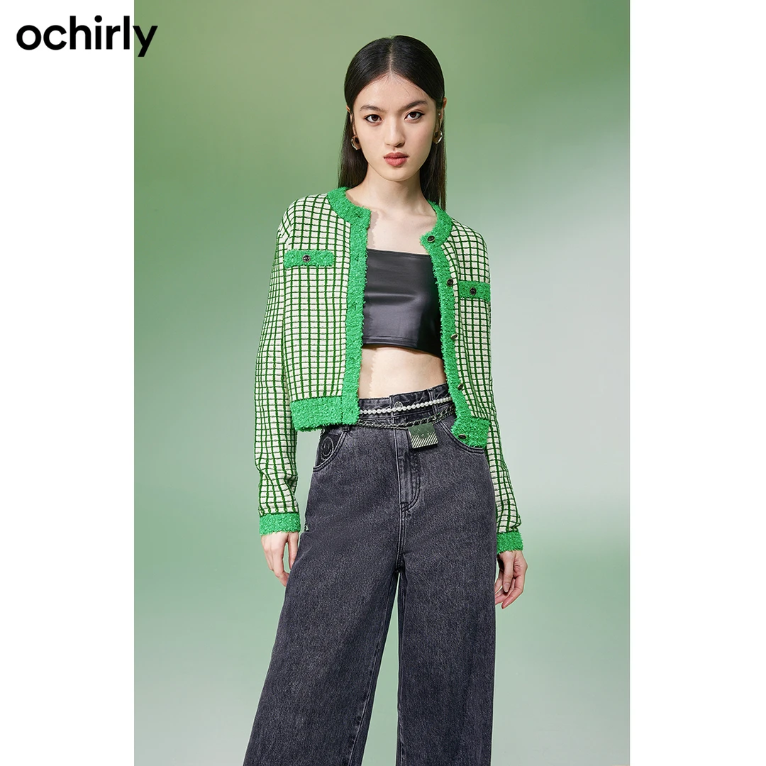 ochirly外套女款春秋季新款针织开衫格子花边短款长袖小香风外套