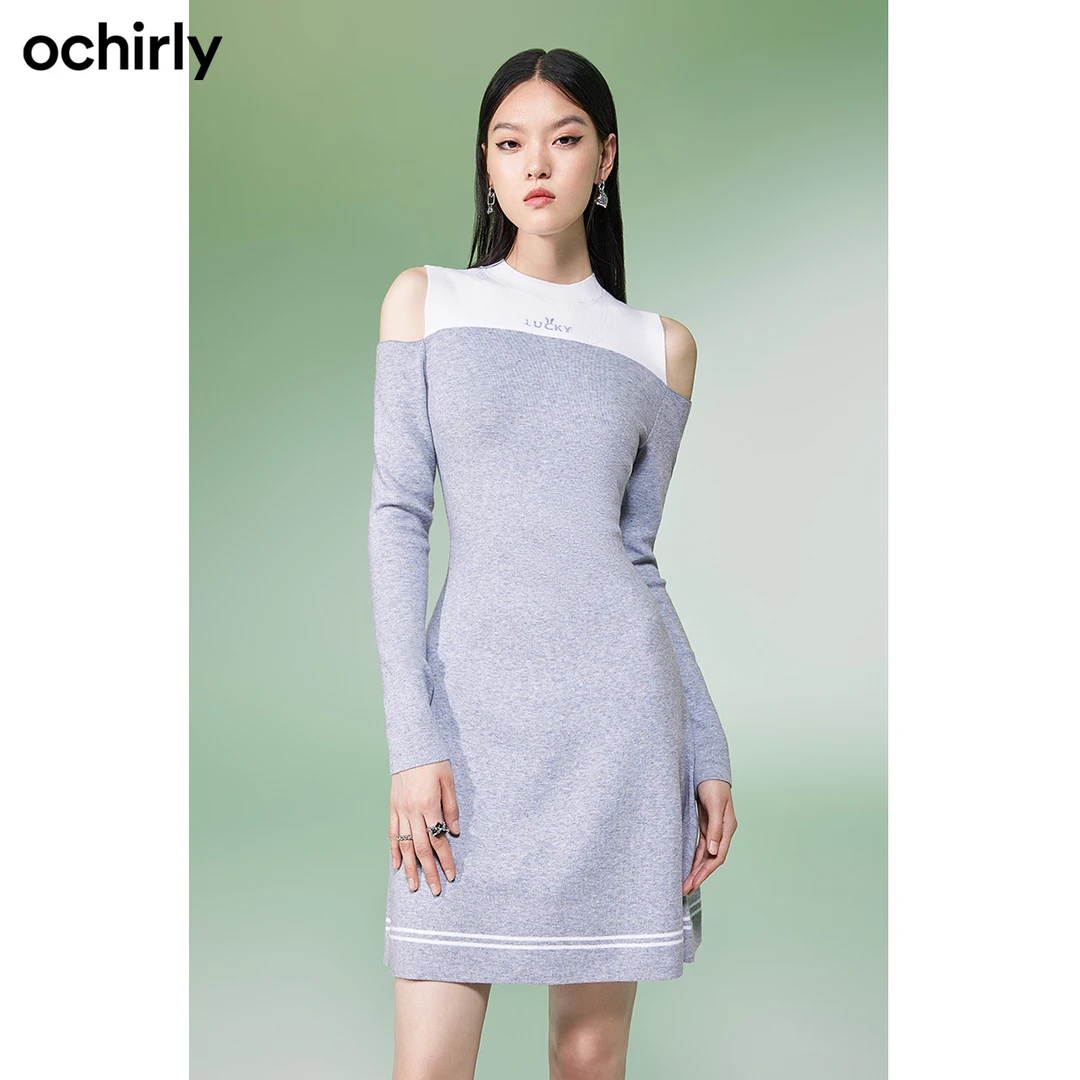 ochirly欧时力毛织连衣裙挖肩撞色设计感修身显瘦气质高级格雷系