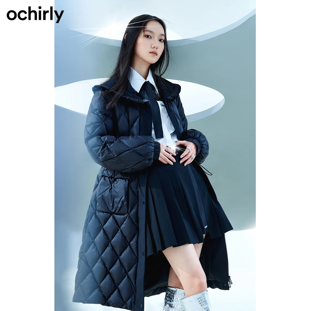 ochirly欧时力收腰中长款轻羽绒服女冬新款荷叶边娃娃领保暖外套