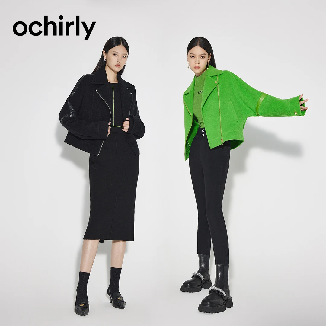 ochirly欧时力 24K年100纯羊毛呢外套女 机能风设计感时尚
