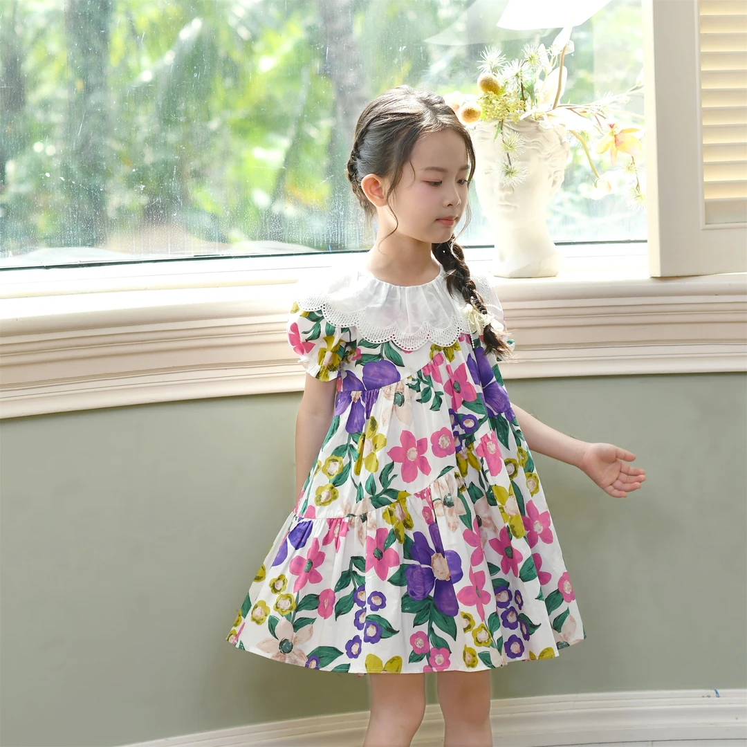 MIanHui/棉绘【花雾雨】童装夏天时尚梭织短袖连衣裙33220083