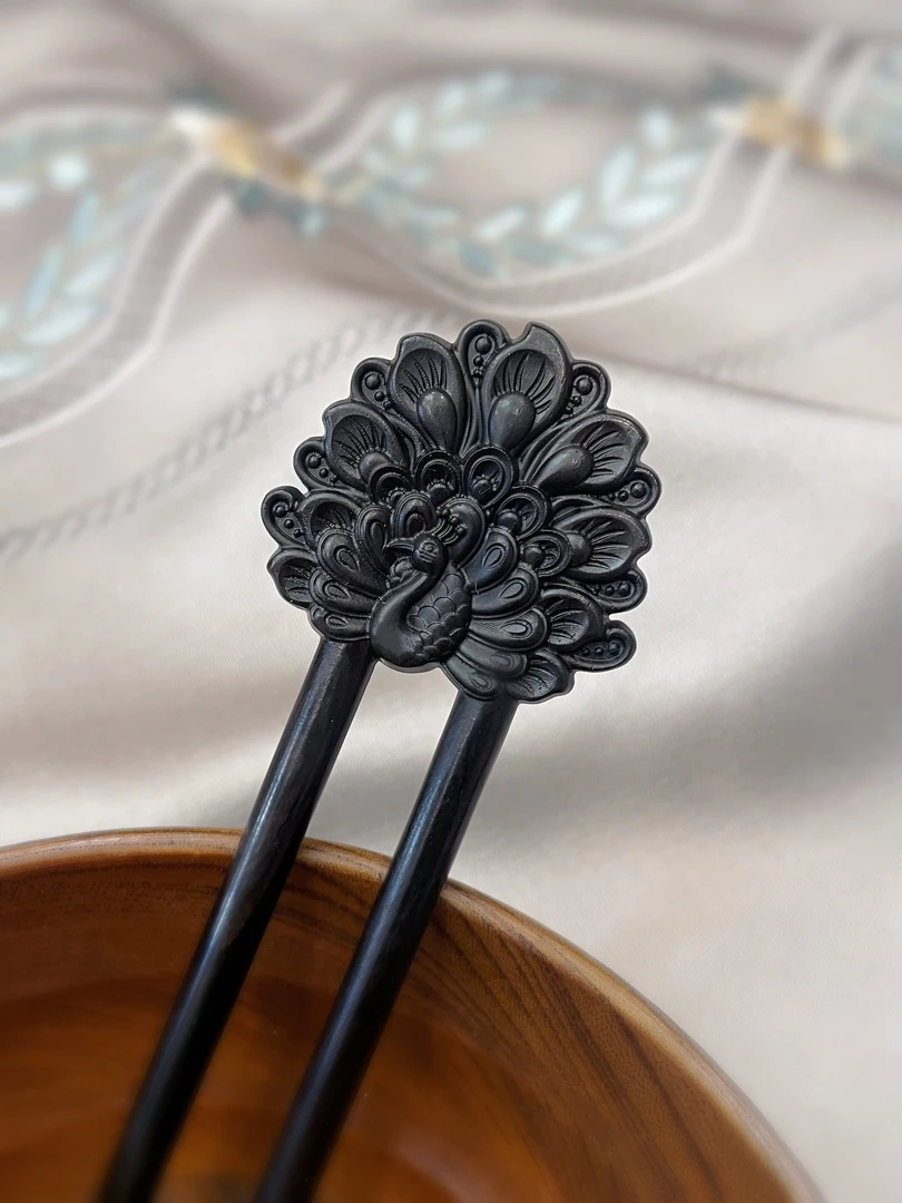 孔雀开屏U型钗双面立体雕刻精雕工艺品
