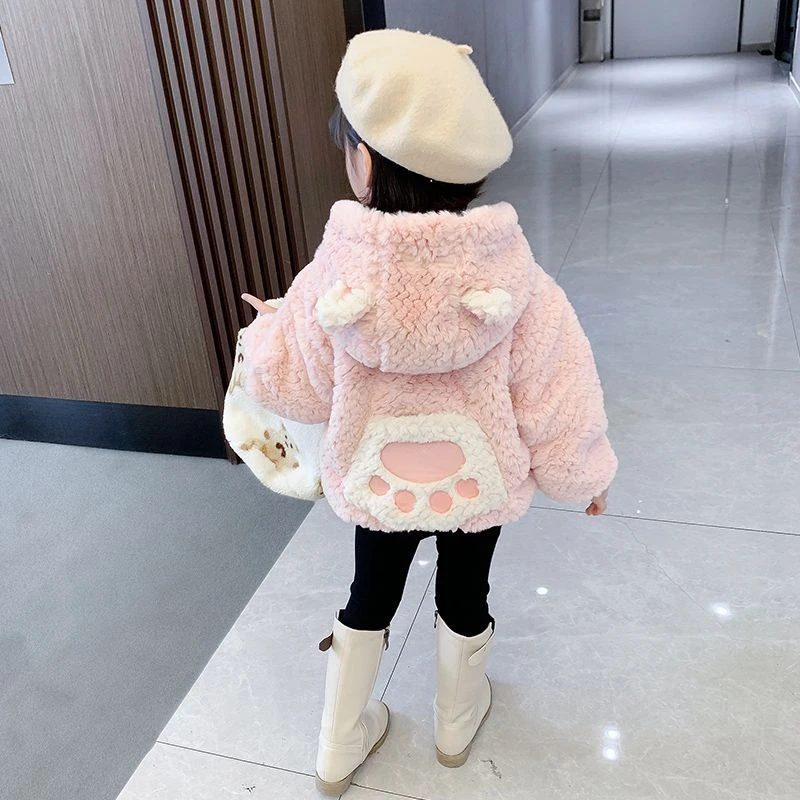 儿童仿皮草外套冬季新款女童棉服加厚加绒连帽洋气熊掌毛毛衣棉袄