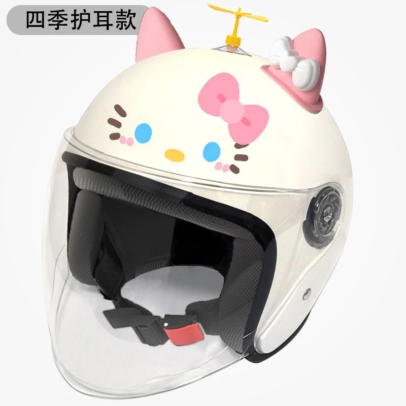 3C成人半盔电动车头盔女可爱春秋冬款通用长镜片hellokitty猫耳朵