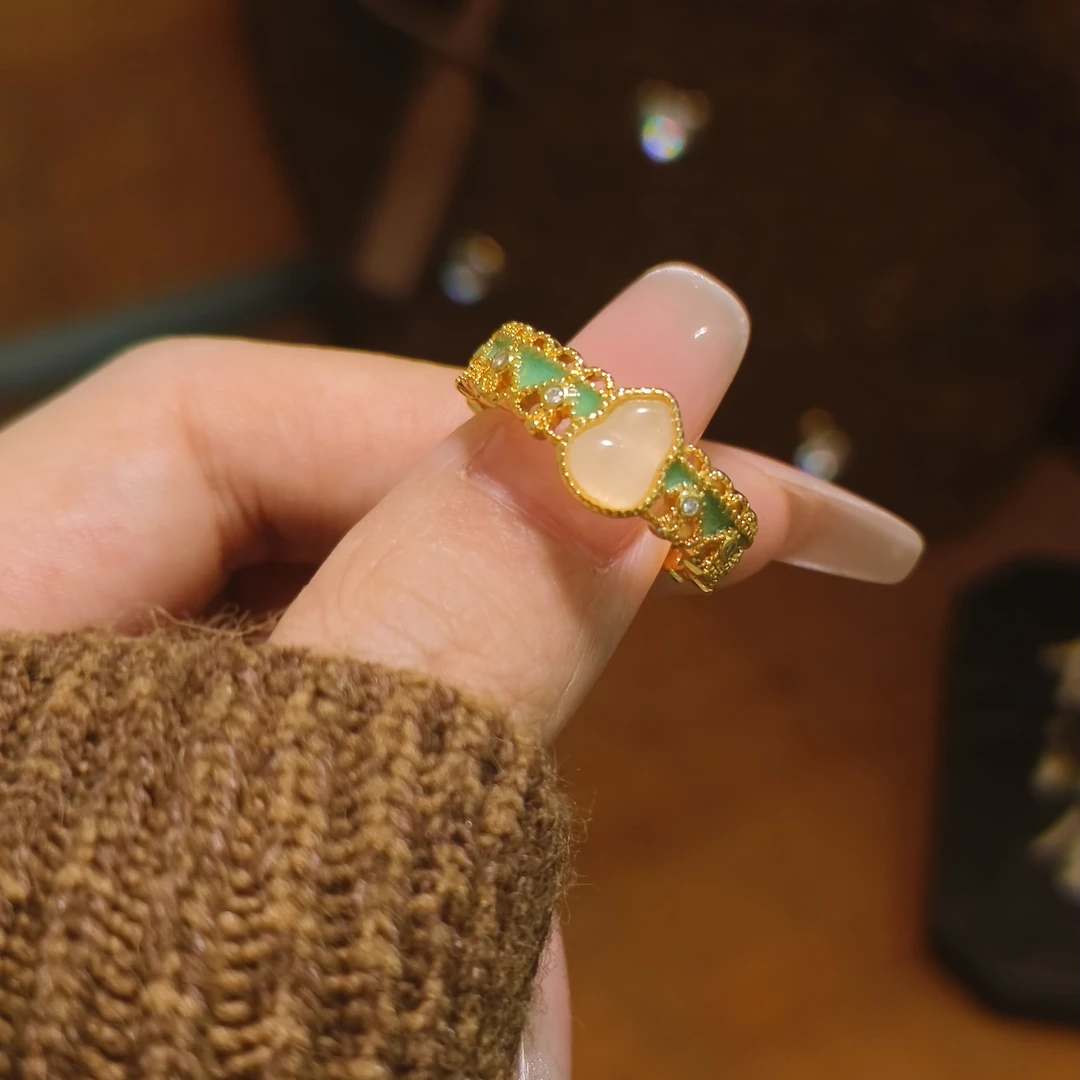 铜合金戒指 新中式国潮风鎏金錾刻珐琅葫芦戒指