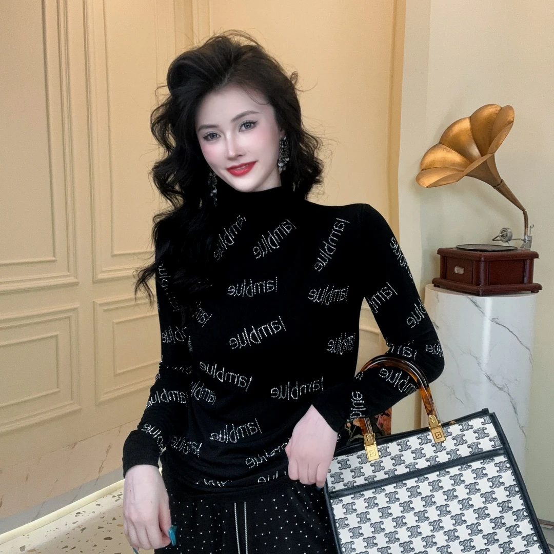 029【磨毛保暖】斜字母打底衫女装欧货重工烫钻长袖T恤加绒上衣女