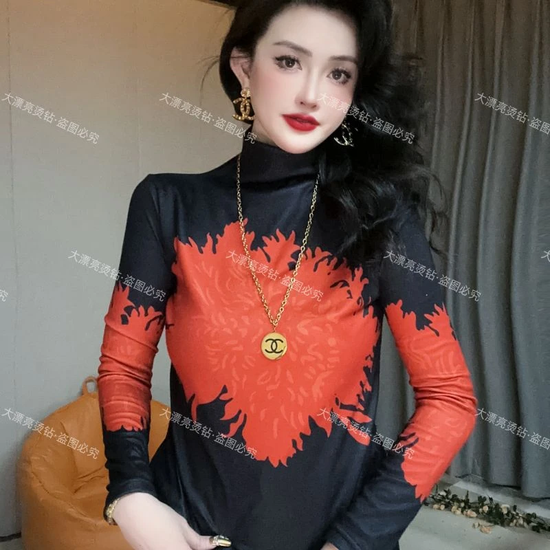 037【磨毛保暖】火焰重工印花长袖t恤加绒上衣洋气保暖打底衫女