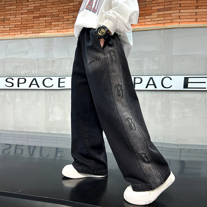 男童黑色直筒牛仔裤儿童春秋款潮流宽松休闲裤学生洋气复古阔腿裤