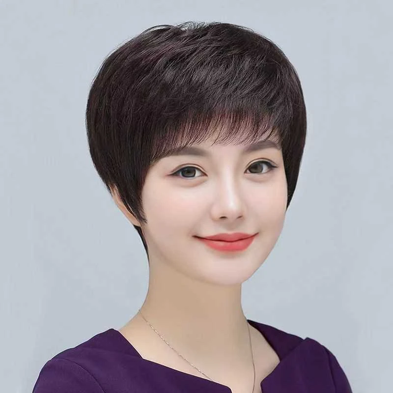 MANLI曼丽¬真真高质量自然短发真人发丝全头套假发100%全真发