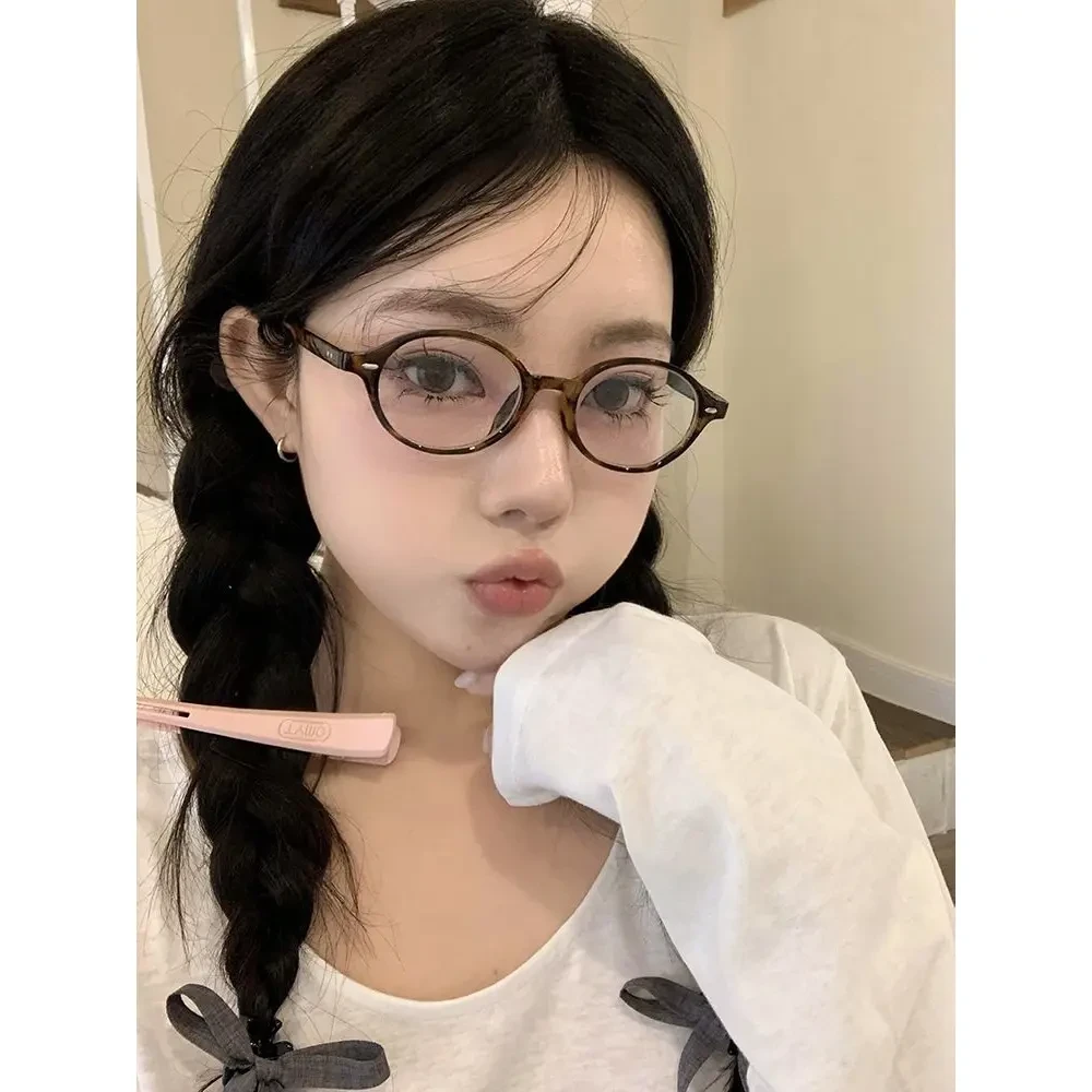 韩版书呆子近视眼镜女可配高度数复古椭圆小框眼镜框玳瑁色平光镜