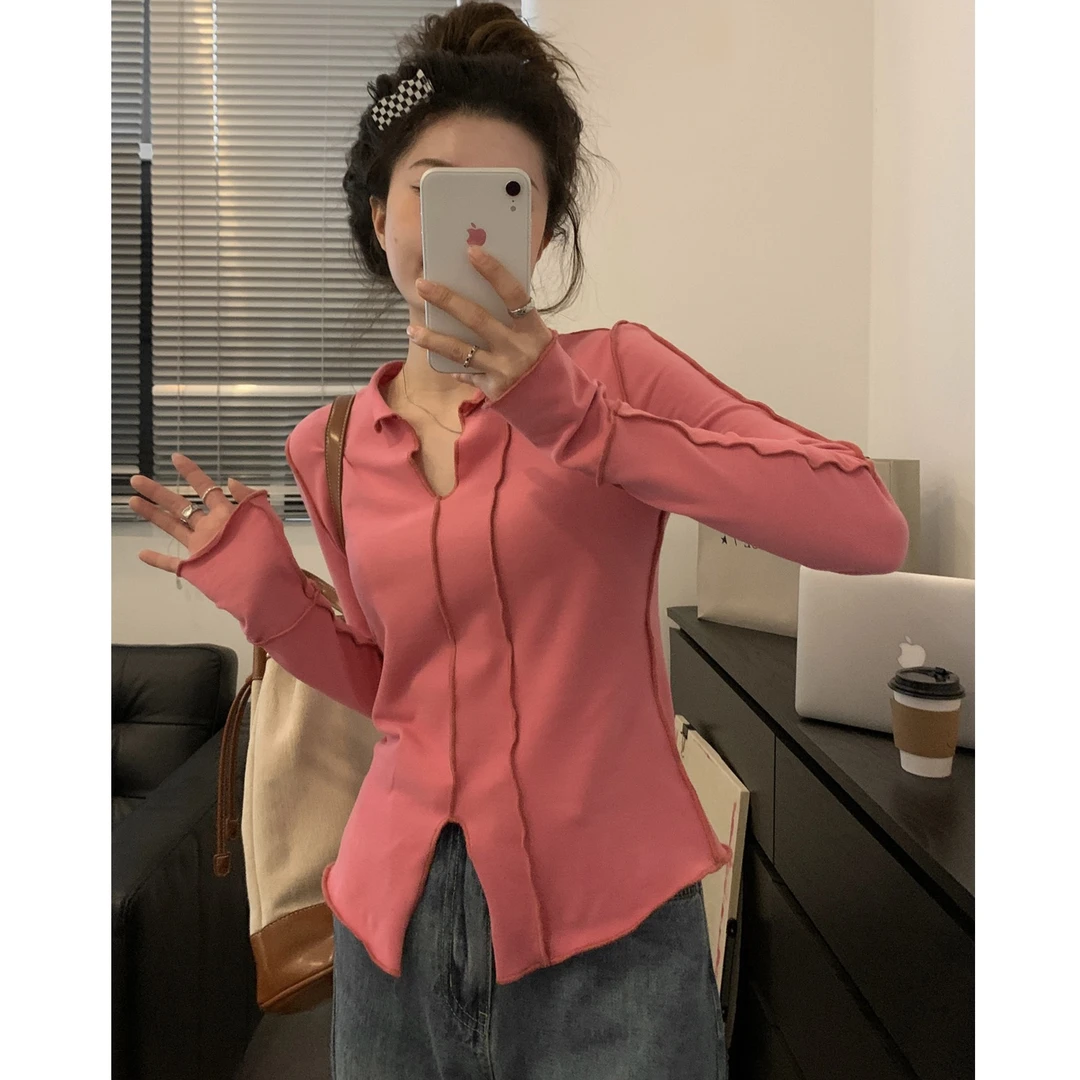 设计感小开叉显瘦外缝小V领长袖T恤女小众气质高级感春秋季打底衫
