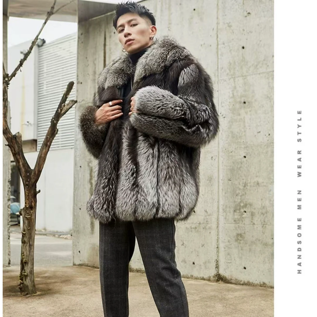由派头貂皮银狐毛大衣整皮整版皮毛一体皮草男装休闲保暖秋冬