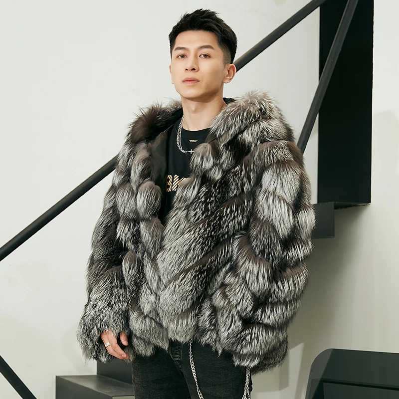 原创芬兰进口银狐本色皮草男外套连帽皮毛一体真皮皮衣短款大衣冬