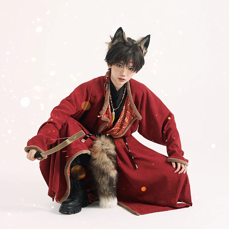 [漠北]鸟家原创唐制圆领袍汉服缺胯袍男女毛边风衣双面穿春秋