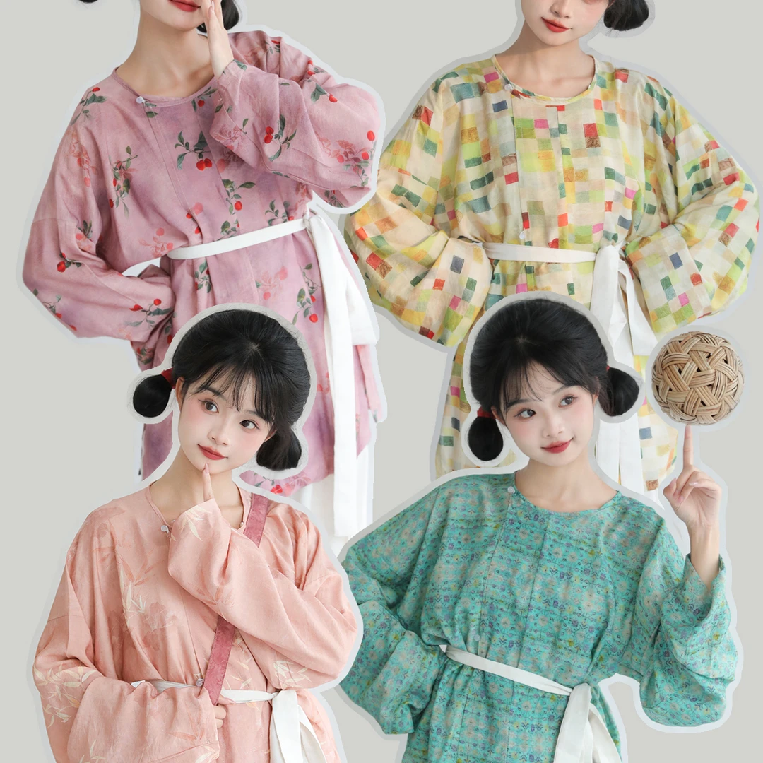 [人棉丝印花]鸟家原创唐制汉服圆领衫短衫日常休闲唐风中长衫