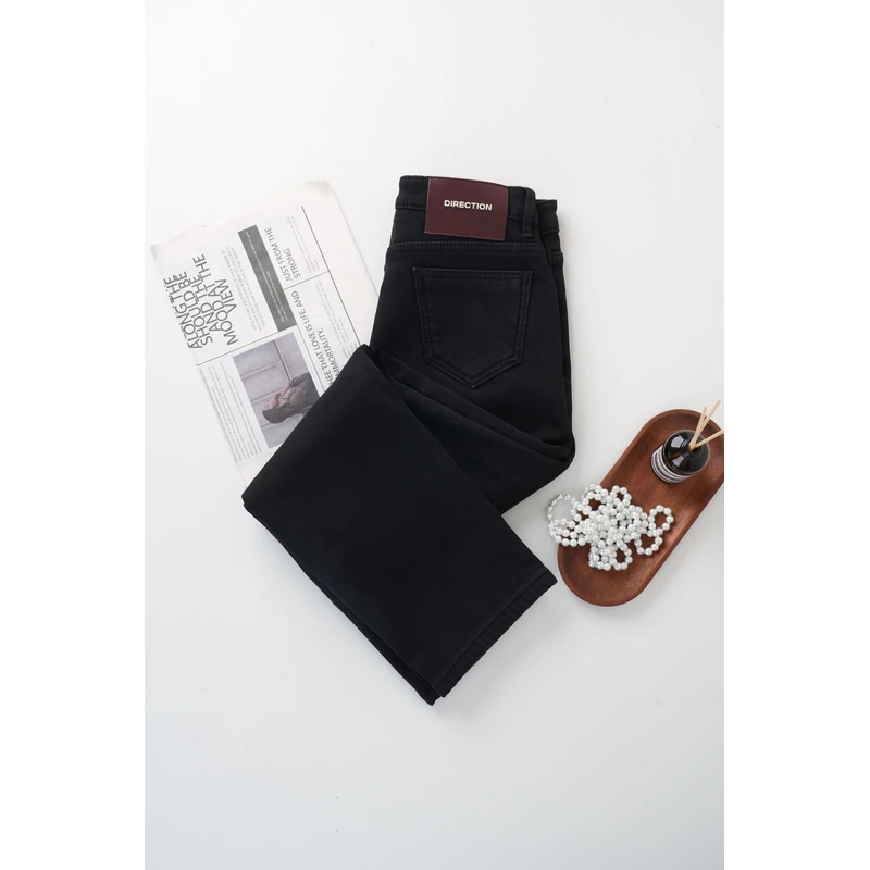 2024冬季加绒高腰窄版直筒烟管牛仔裤时尚百搭紧身黑色弹力