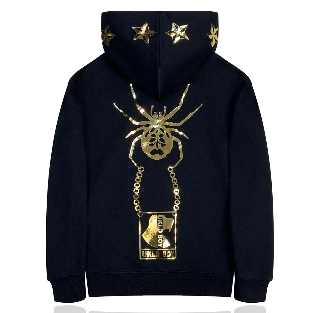 潮牌加厚秋冬黑色连帽卫衣男女同款情侣蜘蛛图加绒带帽帽衫潮流