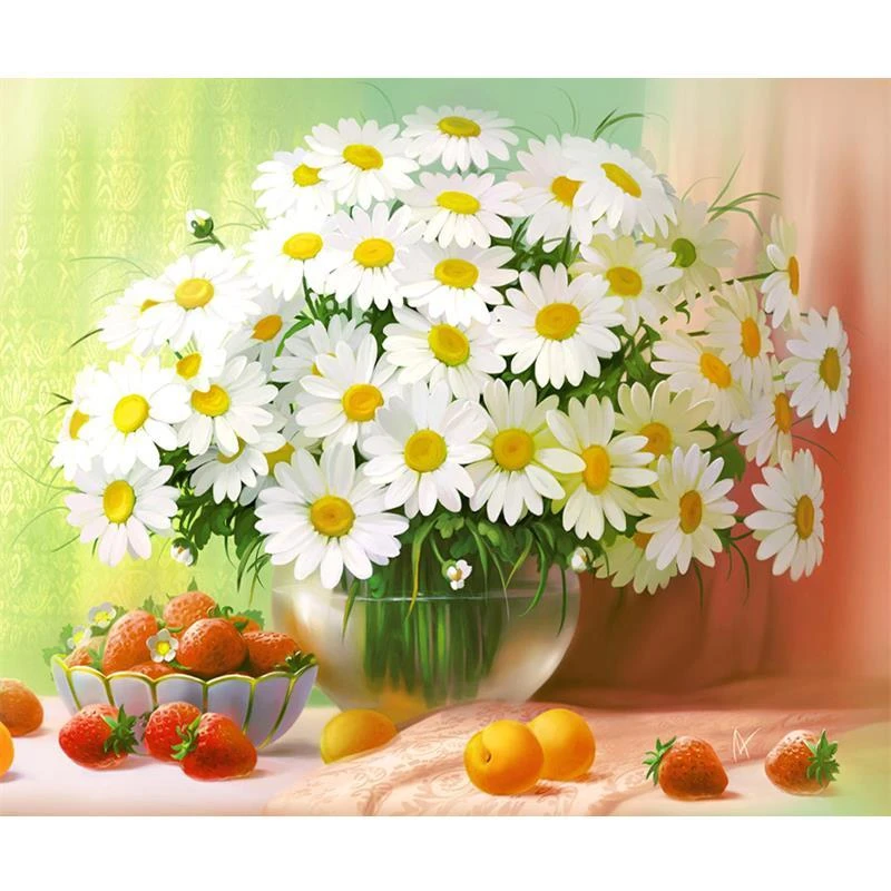 钻石画满钻客厅卧室雏菊花瓶小菊花十字绣餐厅清新简约风