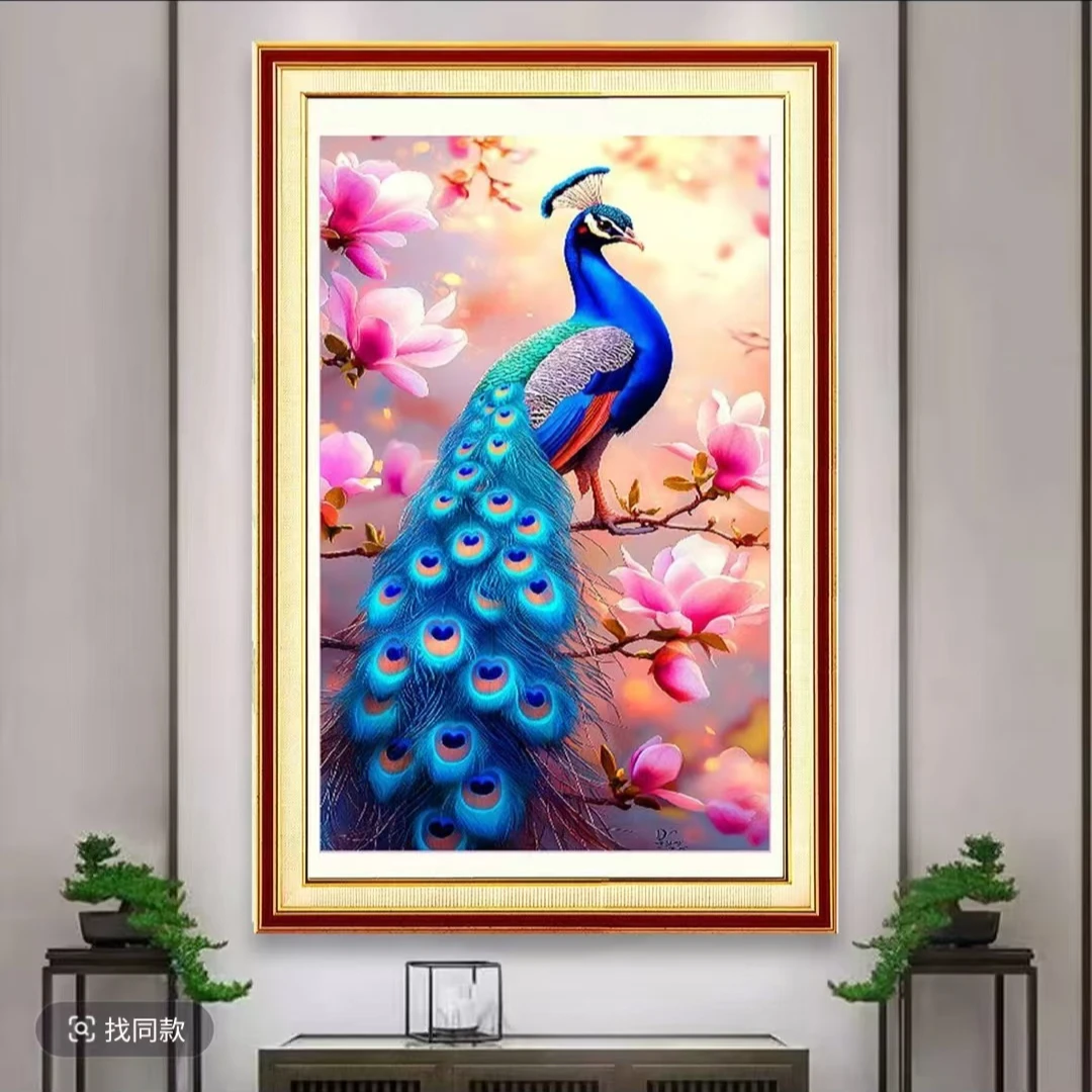 玉兰孔雀十字绣2024新款大版客厅玄关