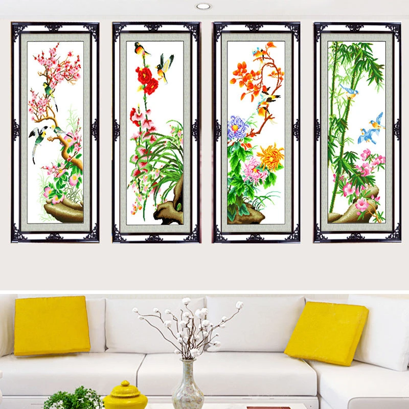 十字绣梅兰竹菊四联画书房间客厅手工线绣45cm*100cm画框尺寸