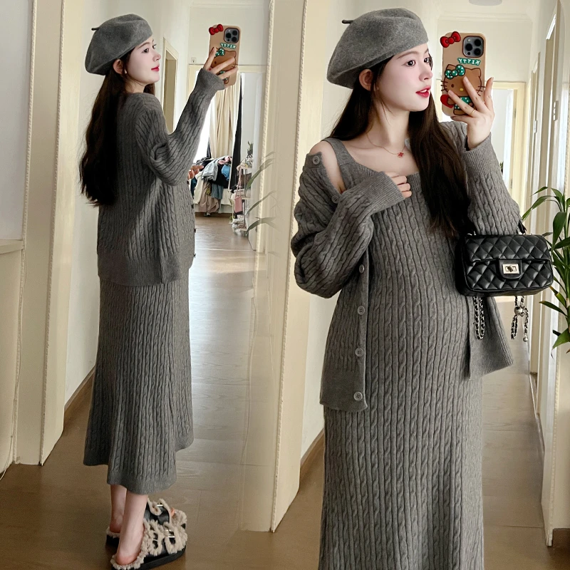 孕妇装秋冬款2023新款套装时尚款针织连衣裙毛衣外套高级感两件套