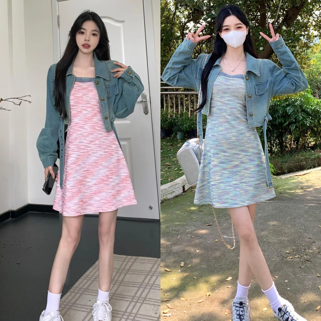 孕妇装夏装2024新款时尚款时髦牛仔短外套吊带裙条纹连衣裙中长款