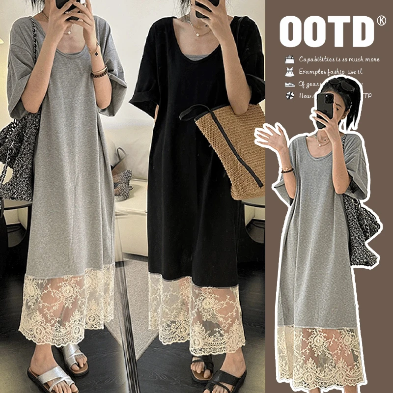 孕妇装夏装2024新款时尚款拼接蕾丝宽松大码孕妇连衣裙夏季上衣女