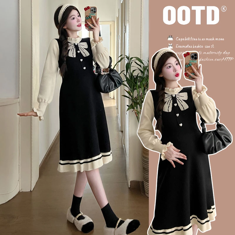 孕妇装秋冬款2023新款高级感洋气加绒加厚蝴蝶孕妇针织连衣裙上衣