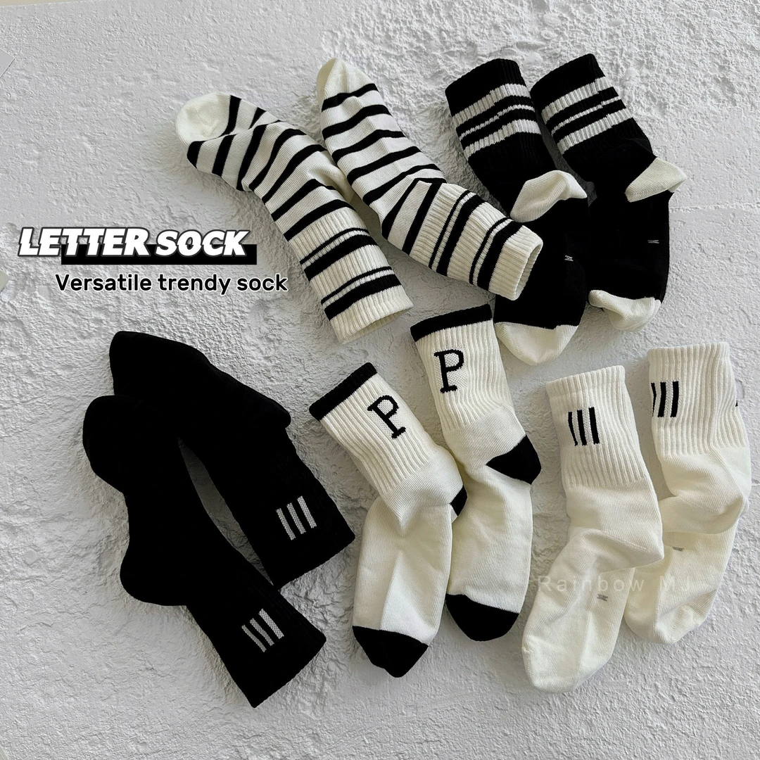 儿童袜子春秋季时尚韩版ins男童黑白运动中筒袜女童学生百搭潮袜