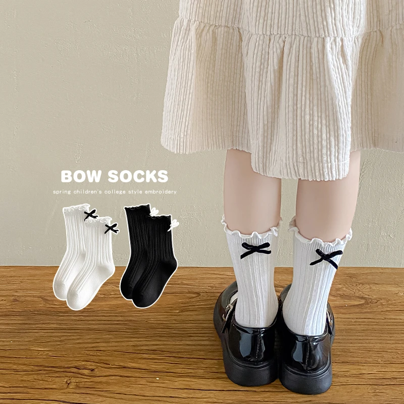 女童袜子春秋款简约无骨儿童中筒袜女孩韩版洋气木耳花边堆堆袜秋