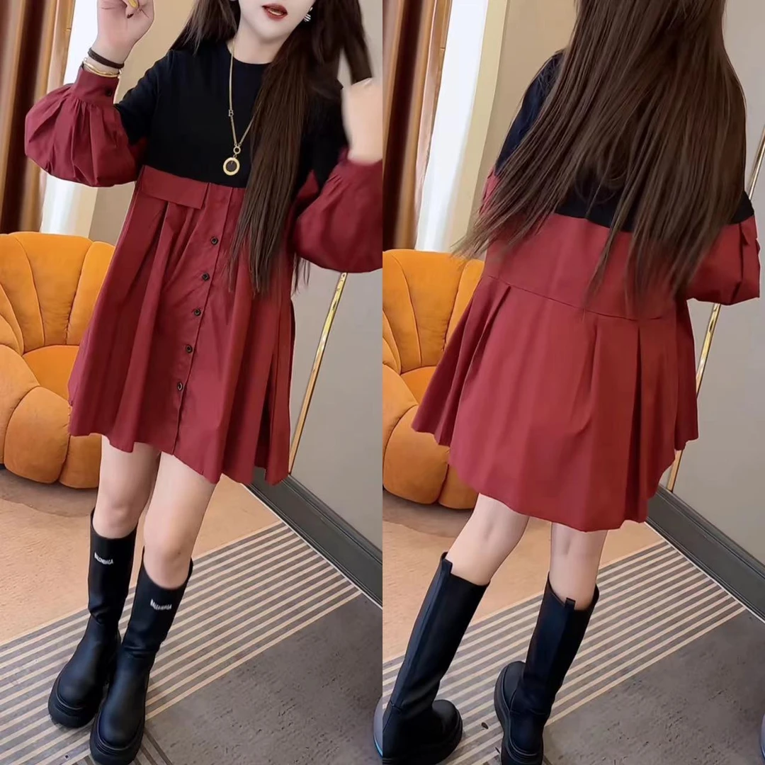 时尚秋装韩版收腰中长款连衣裙