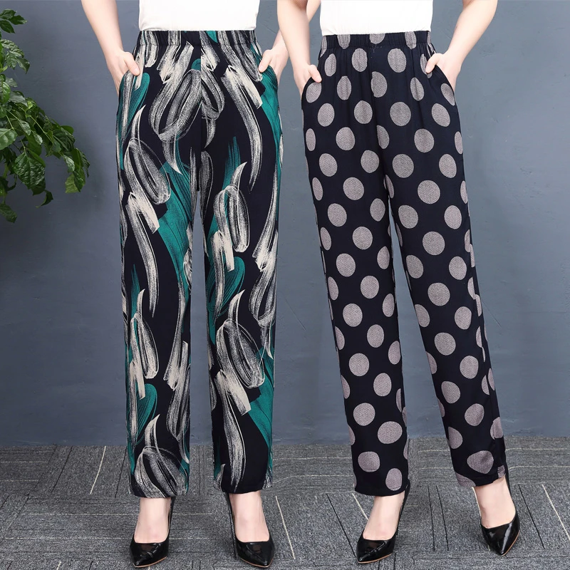 夏季女中老年休闲长裤子棉绸直筒裤妈妈装外穿松紧高腰哈伦宽松