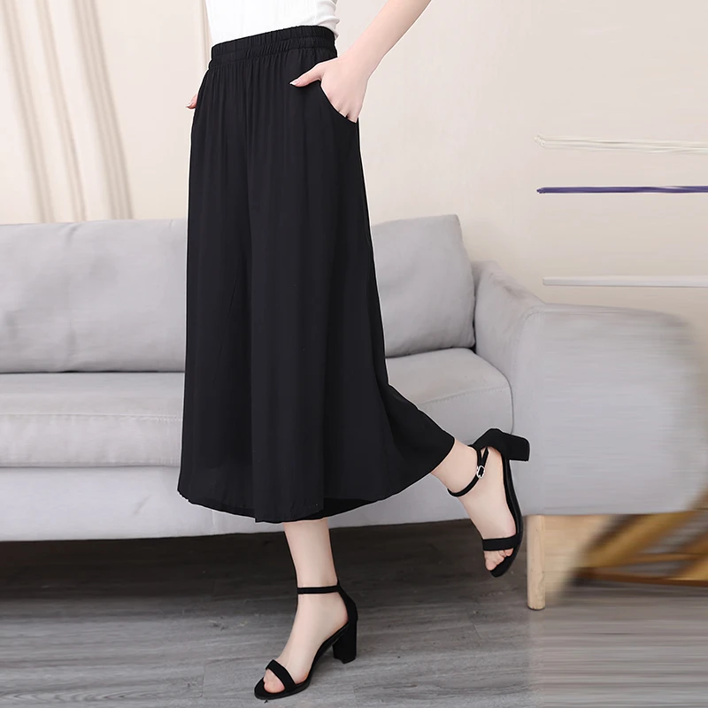 中老年夏季宽松大码裙裤高腰松紧腰阔腿裤垂感薄款休闲妈妈装裙裤