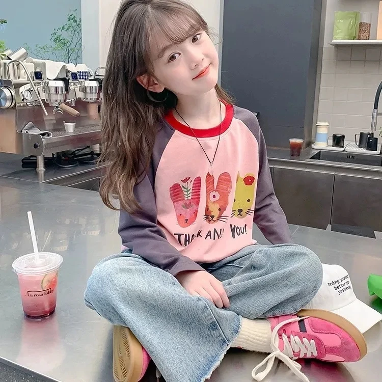 女童秋装t恤纯棉长袖韩版新款时尚拼色卡通打底衫小女孩洋气上衣